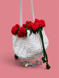 Knot by Knot Handmade Crochet Mobile Sling Bag for Women | White Crochet Crossbody Bag with Red Rose Flowers & Decorative Beads