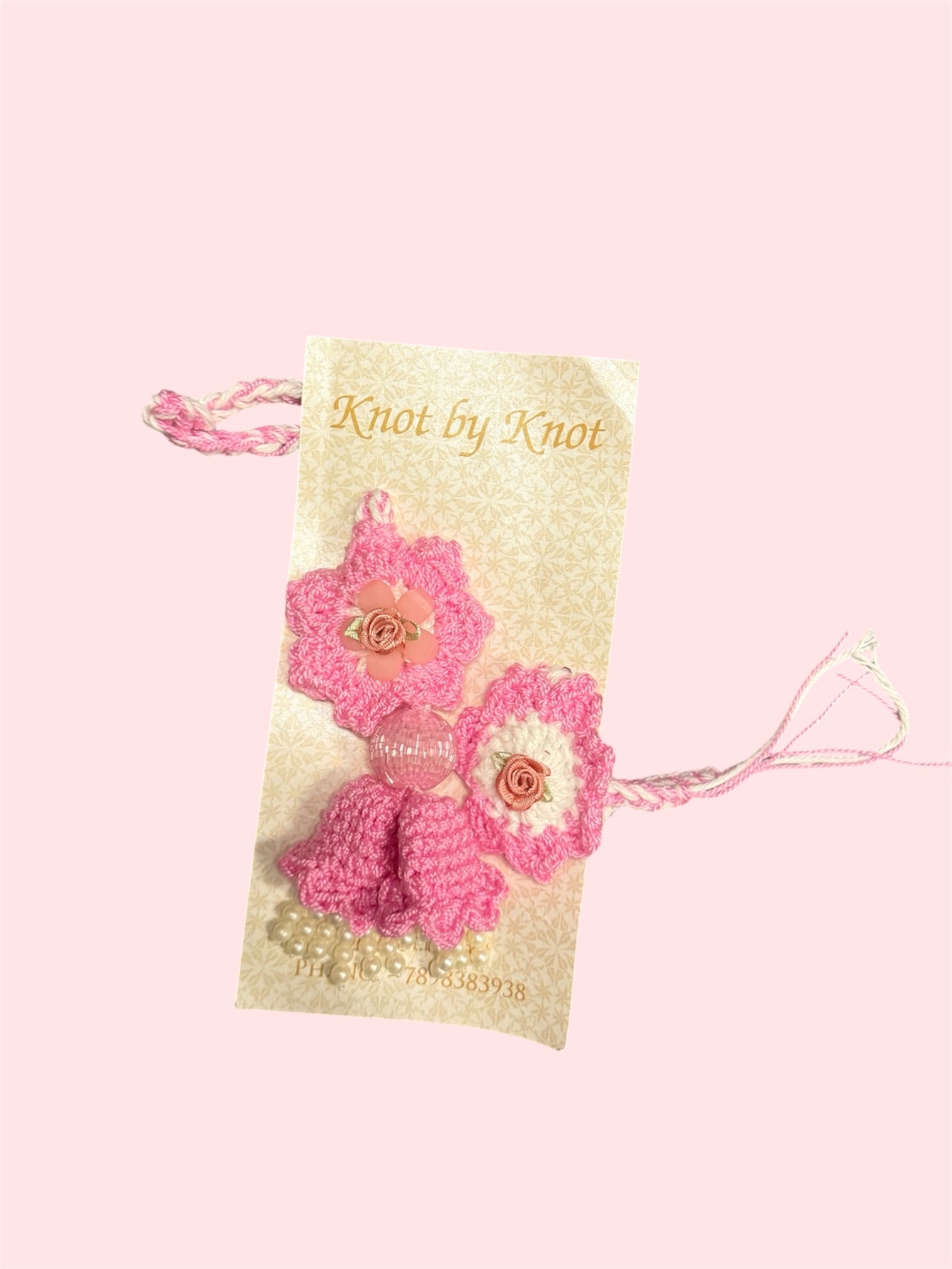 Knot by Knot Handmade Crochet Floral Rakhi for Brother, Pink Raksha Bandhan Rakhi with Decorative Beads and Flowers