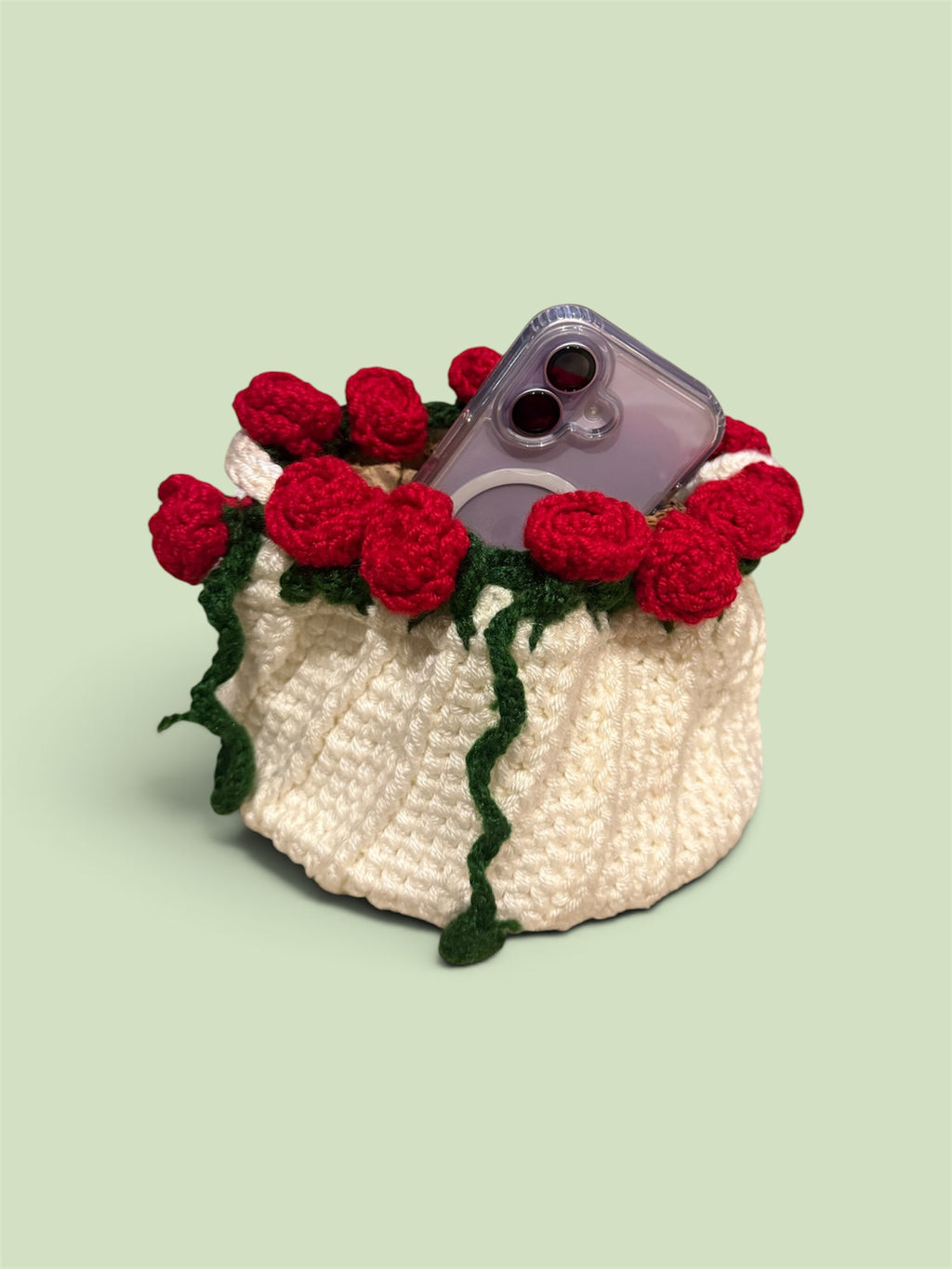 Knot by Knot Handmade Crochet Mobile Sling Bag for Women | White Crochet Crossbody Bag with Red Rose Flowers & Decorative Beads