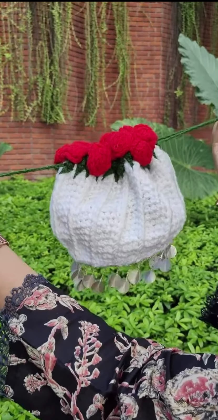 Knot by Knot Handmade Crochet Mobile Sling Bag for Women | White Crochet Crossbody Bag with Red Rose Flowers & Decorative Beads