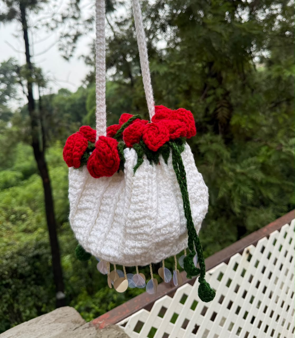 Knot by Knot Handmade Crochet Mobile Sling Bag for Women | White Crochet Crossbody Bag with Red Rose Flowers & Decorative Beads