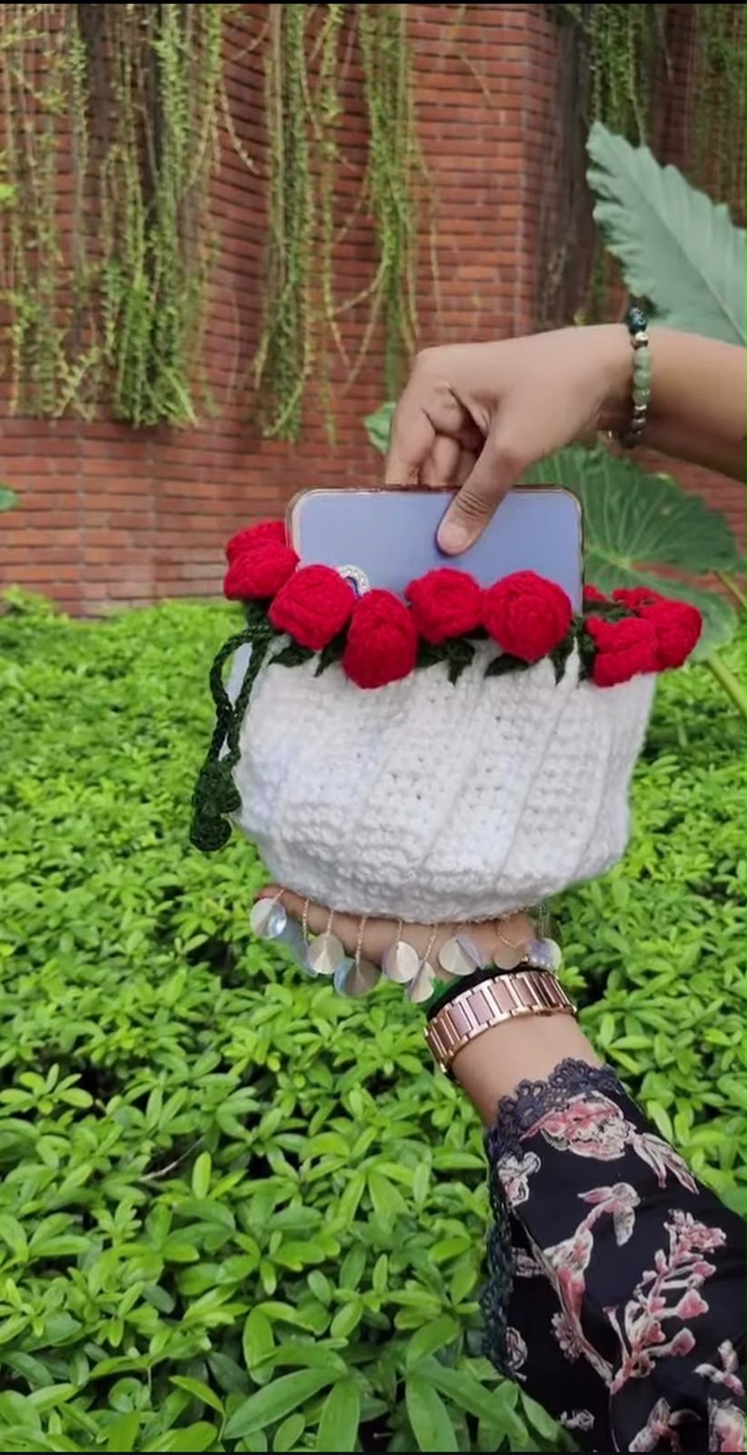 Knot by Knot Handmade Crochet Mobile Sling Bag for Women | White Crochet Crossbody Bag with Red Rose Flowers & Decorative Beads